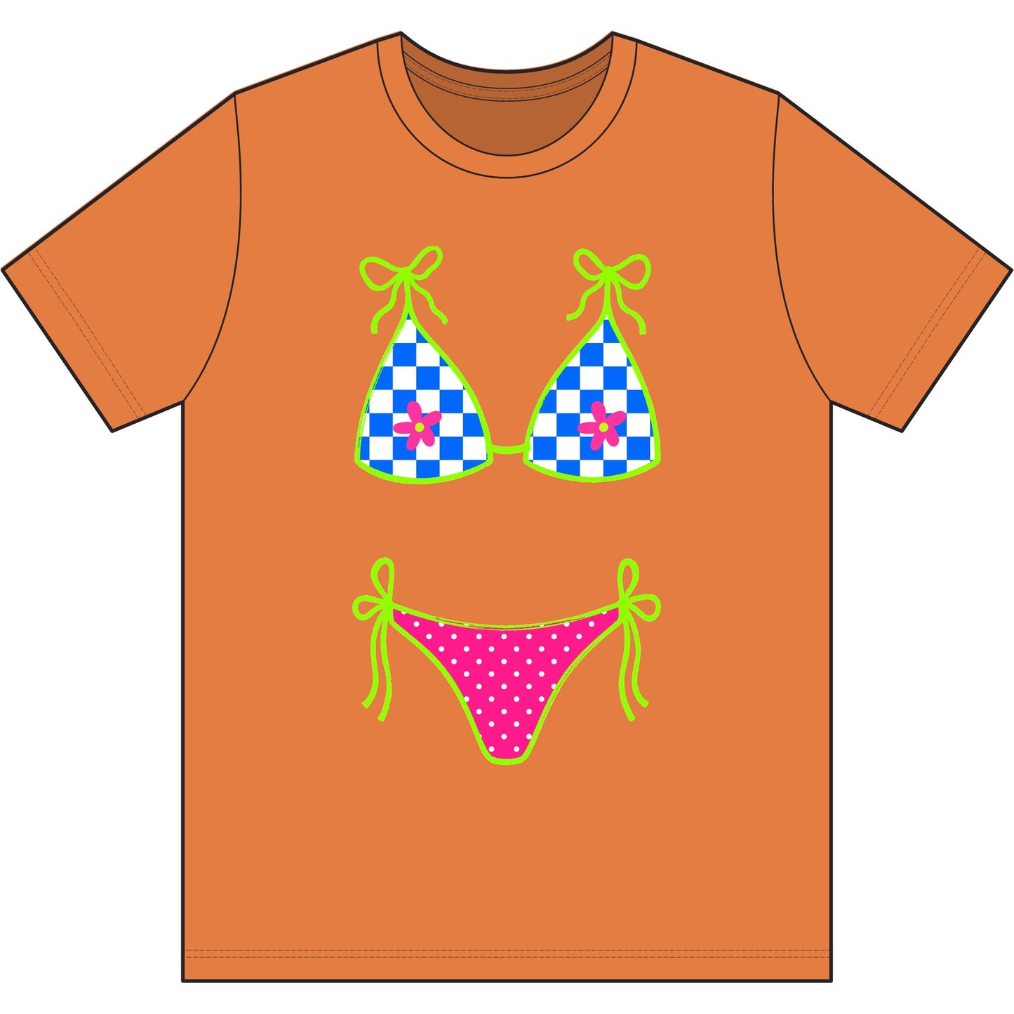 Bikini Graphic T-Shirt - Retro Checker & Polka Dot Swimwear Design