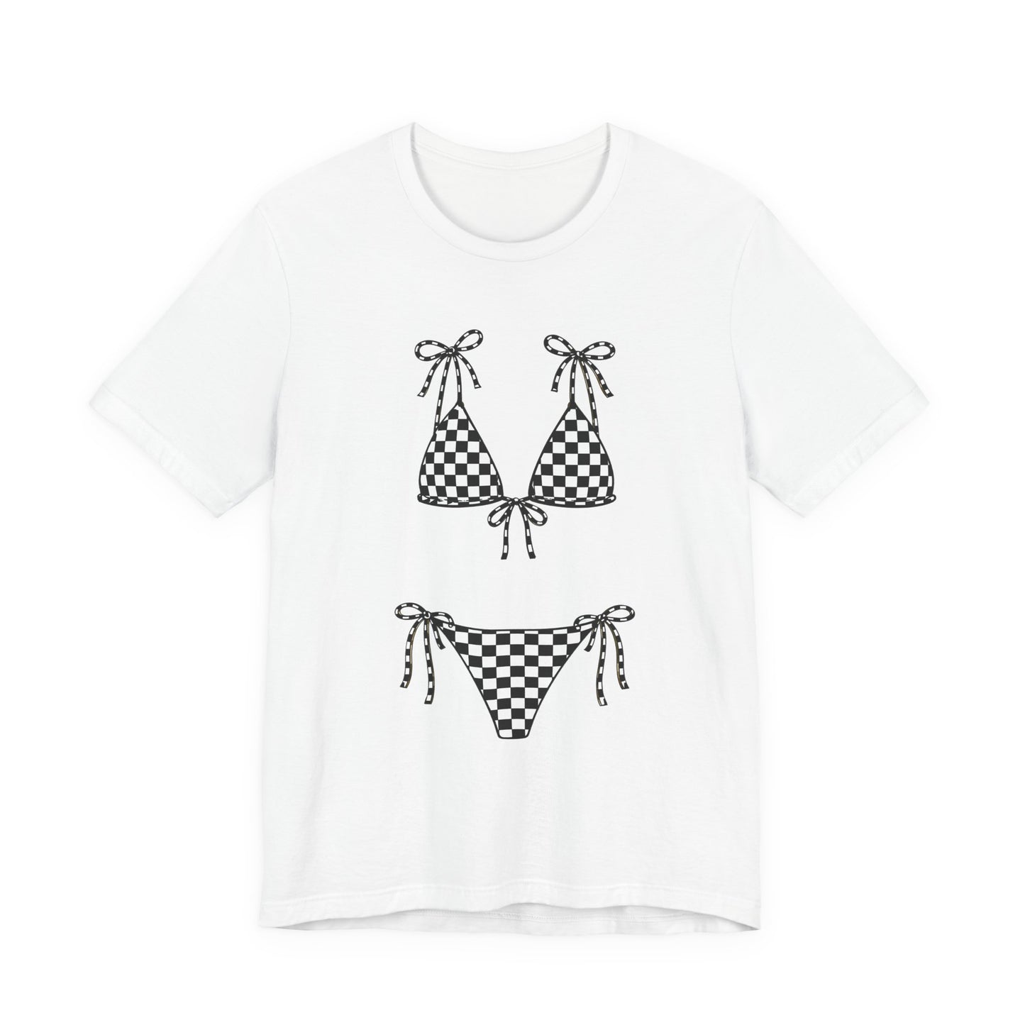 Checkerboard Bikini Graphic Tee — Retro Beach Swim Shirt