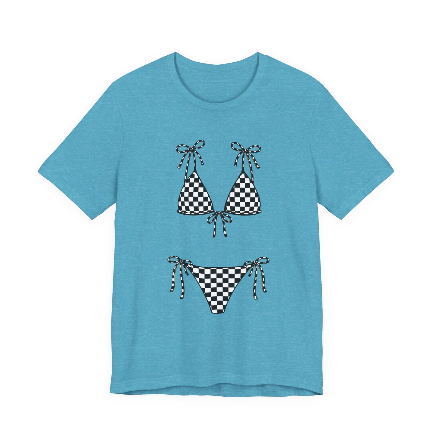 Checkerboard Bikini Graphic Tee — Retro Beach Swim Shirt