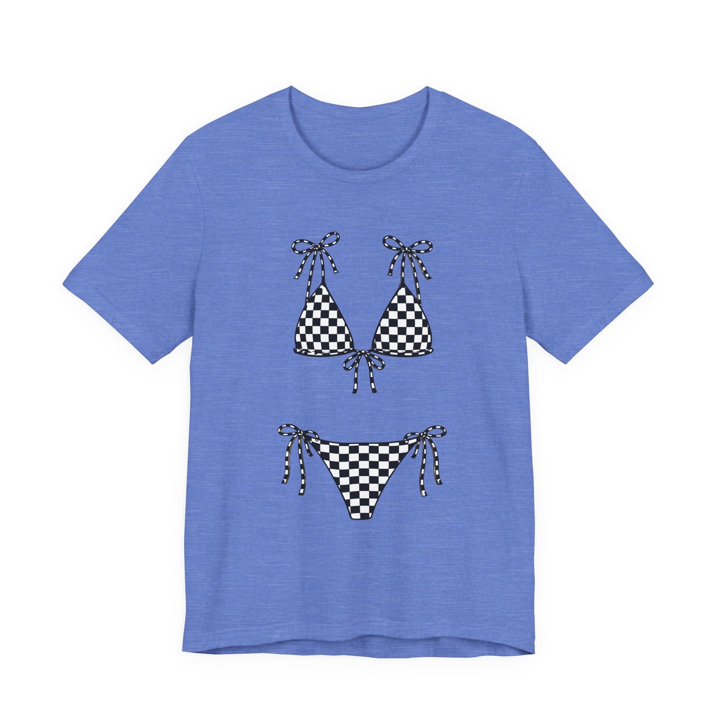 Checkerboard Bikini Graphic Tee — Retro Beach Swim Shirt