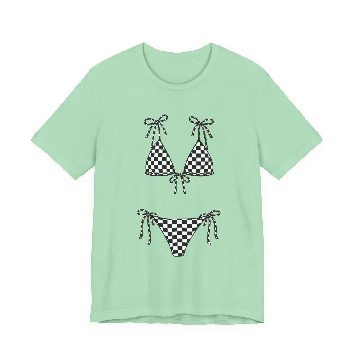 Checkerboard Bikini Graphic Tee — Retro Beach Swim Shirt