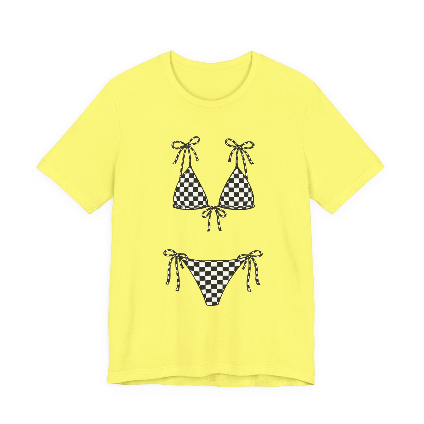 Checkerboard Bikini Graphic Tee — Retro Beach Swim Shirt