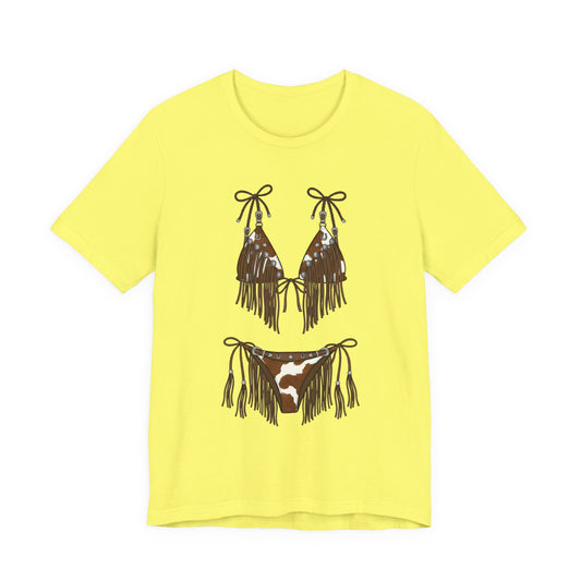 Cowhide Fringe Bikini Graphic Tee - Western Festival Beach T-Shirt