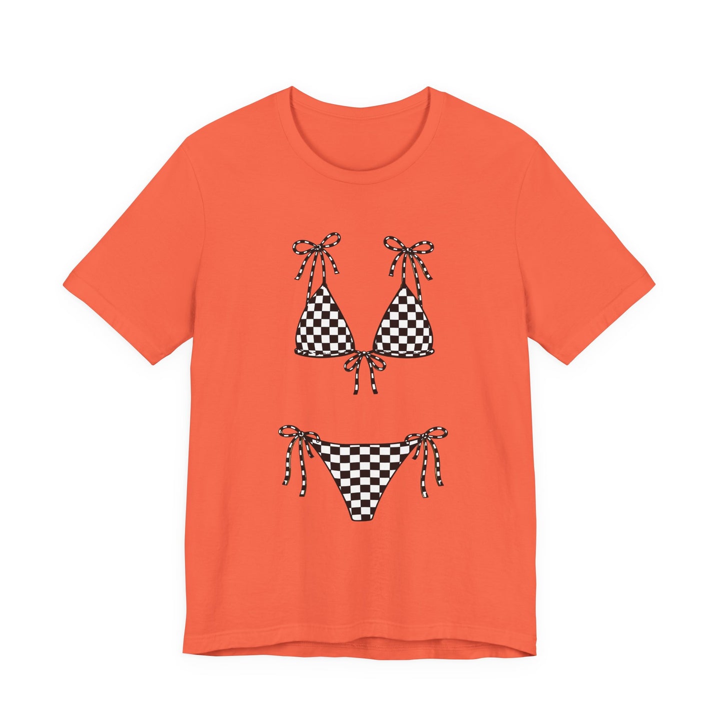 Checkerboard Bikini Graphic Tee — Retro Beach Swim Shirt