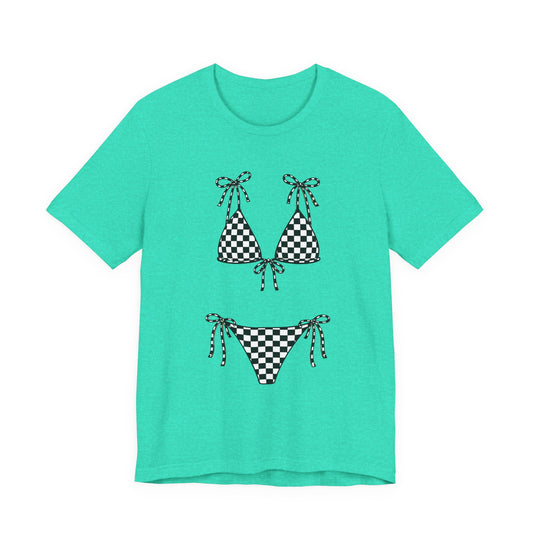 Checkerboard Bikini Graphic Tee — Retro Beach Swim Shirt