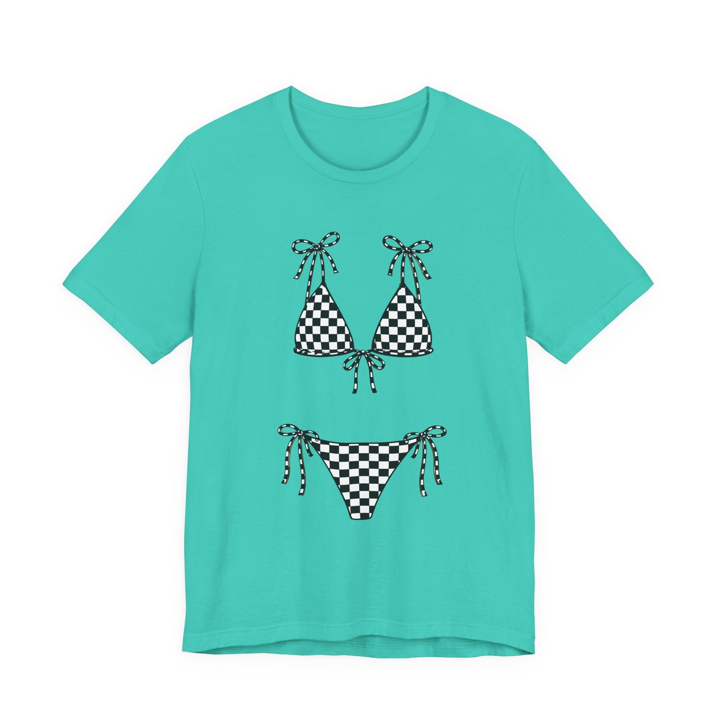 Checkerboard Bikini Graphic Tee — Retro Beach Swim Shirt