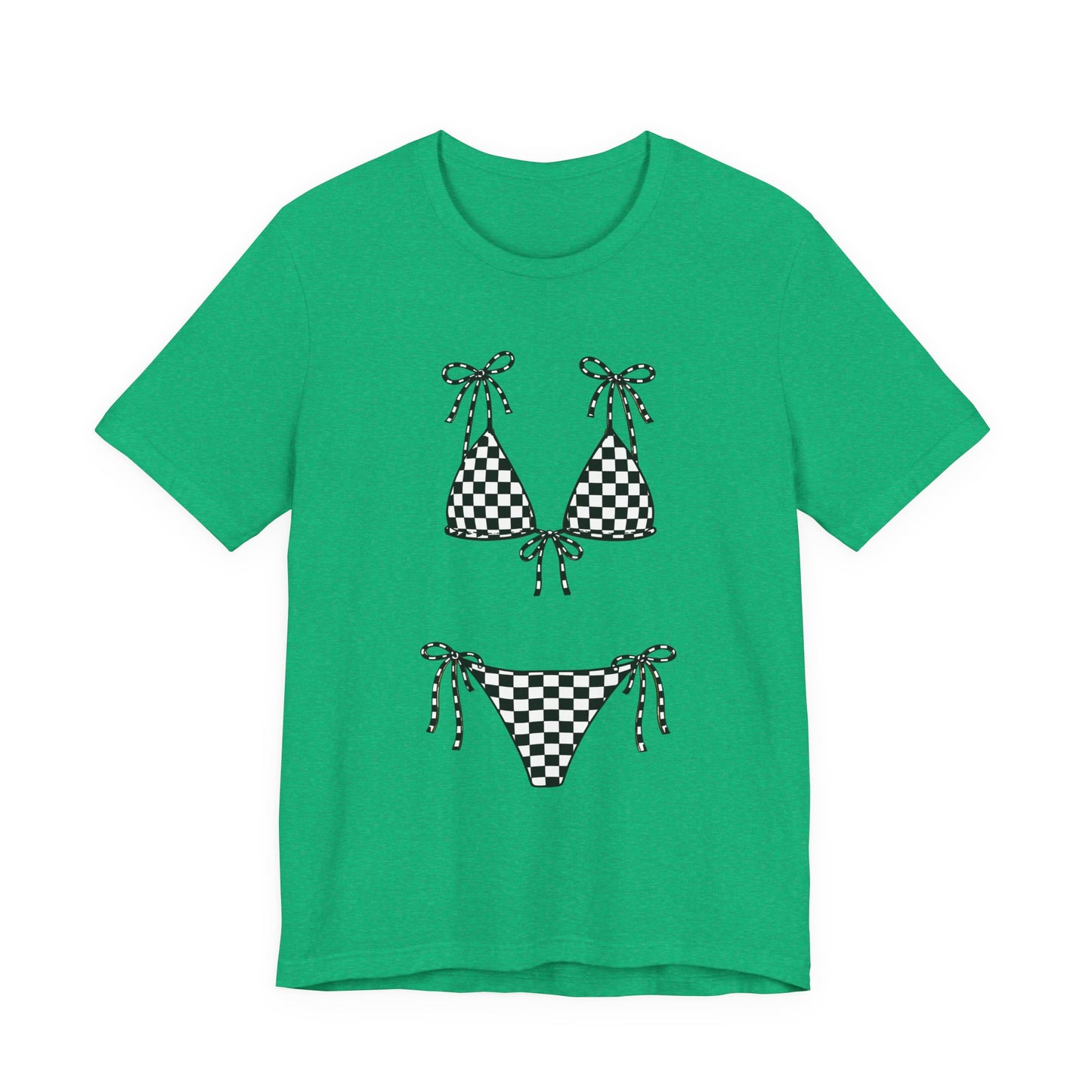Checkerboard Bikini Graphic Tee — Retro Beach Swim Shirt