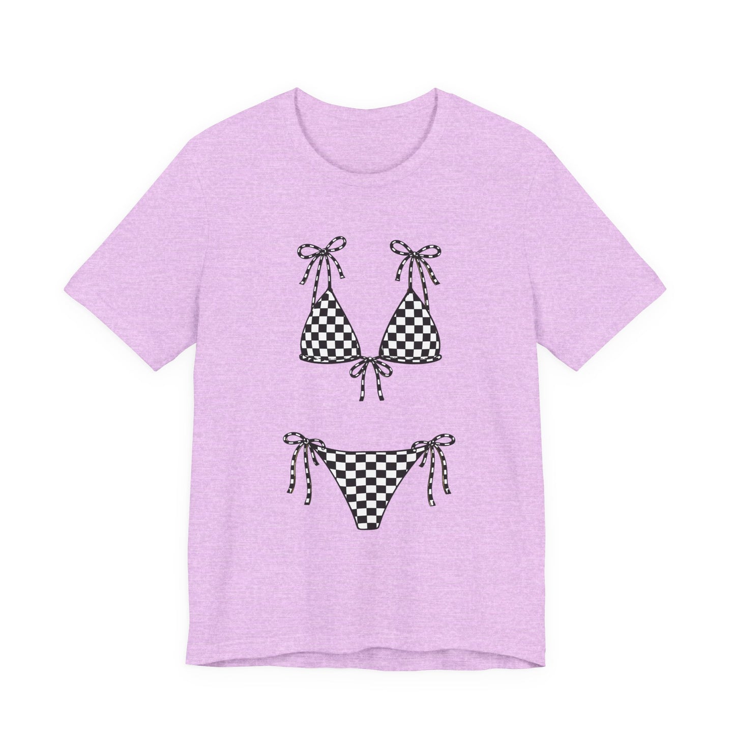 Checkerboard Bikini Graphic Tee — Retro Beach Swim Shirt