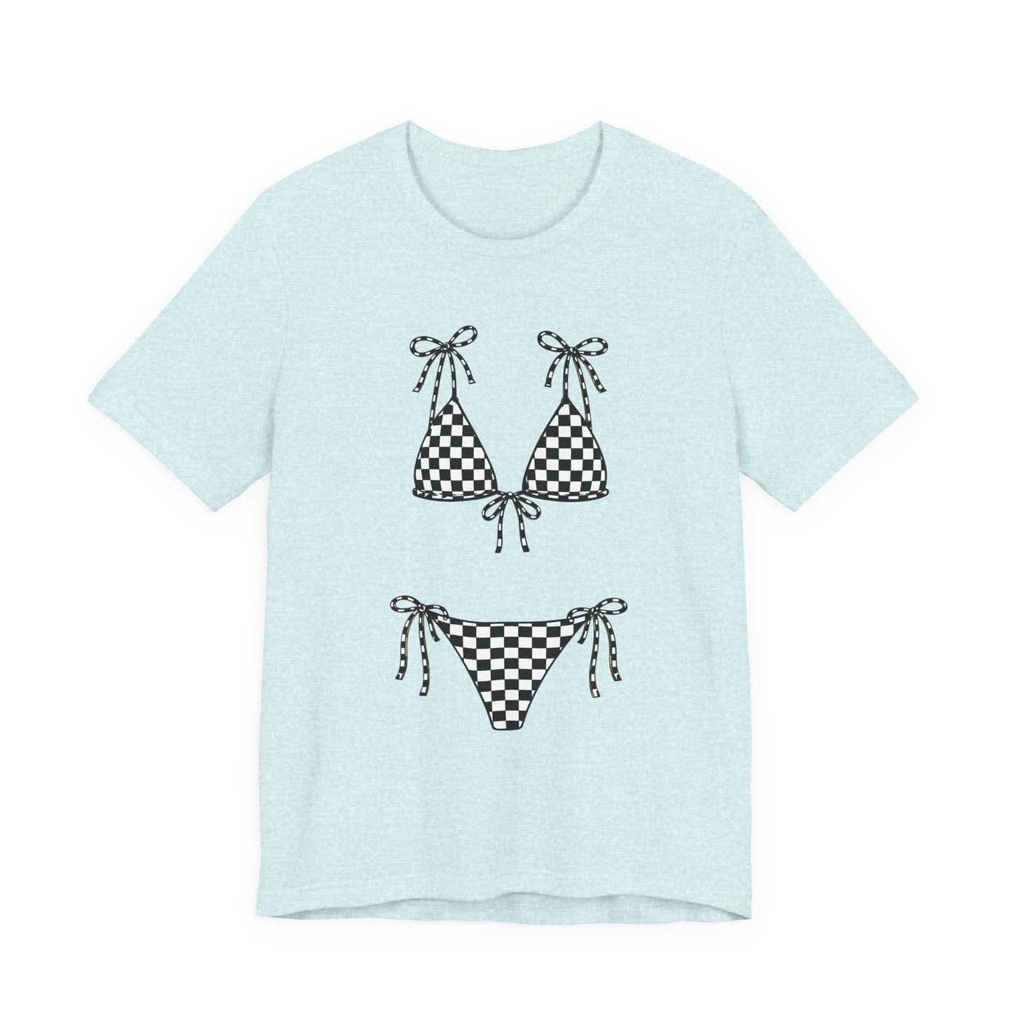 Checkerboard Bikini Graphic Tee — Retro Beach Swim Shirt
