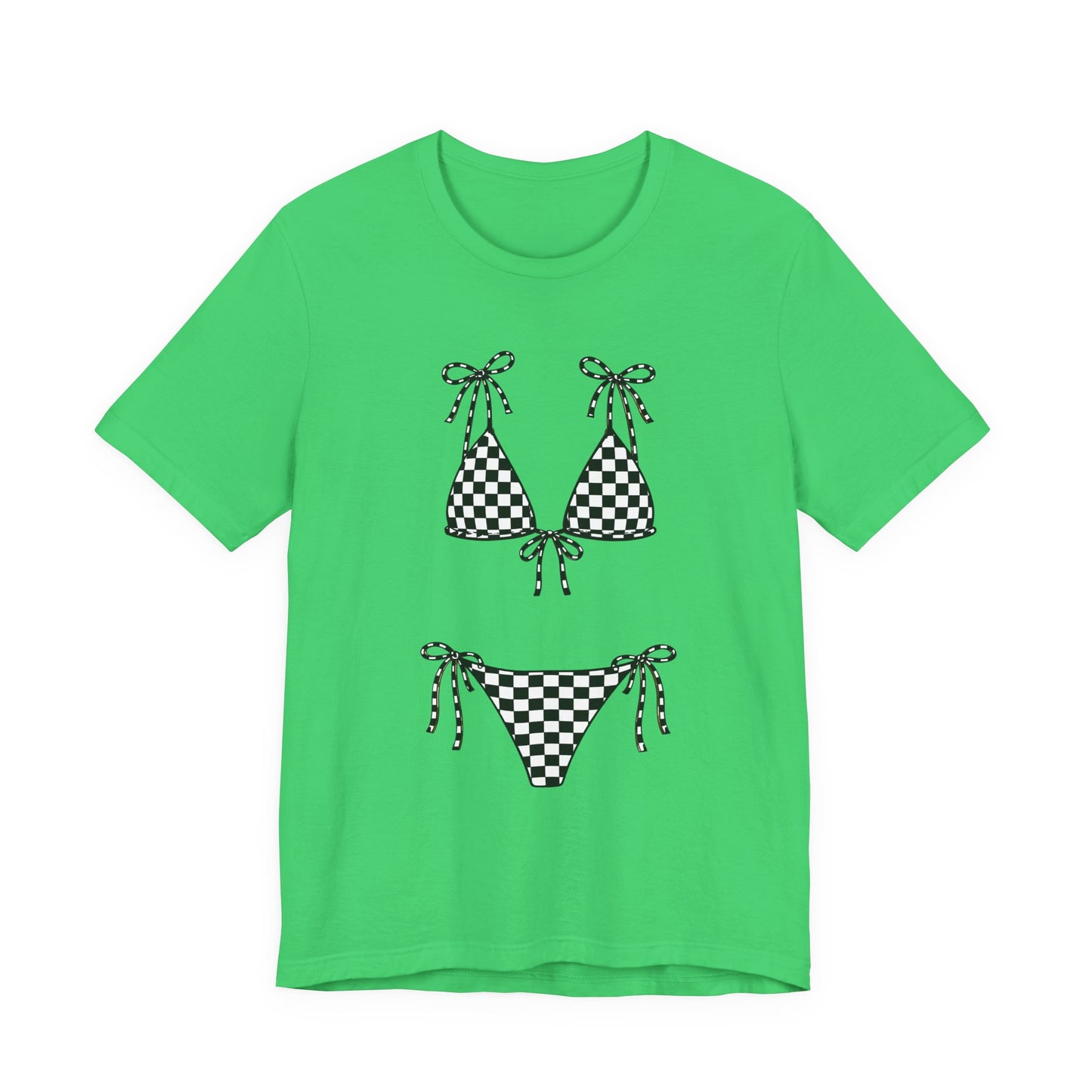 Checkerboard Bikini Graphic Tee — Retro Beach Swim Shirt