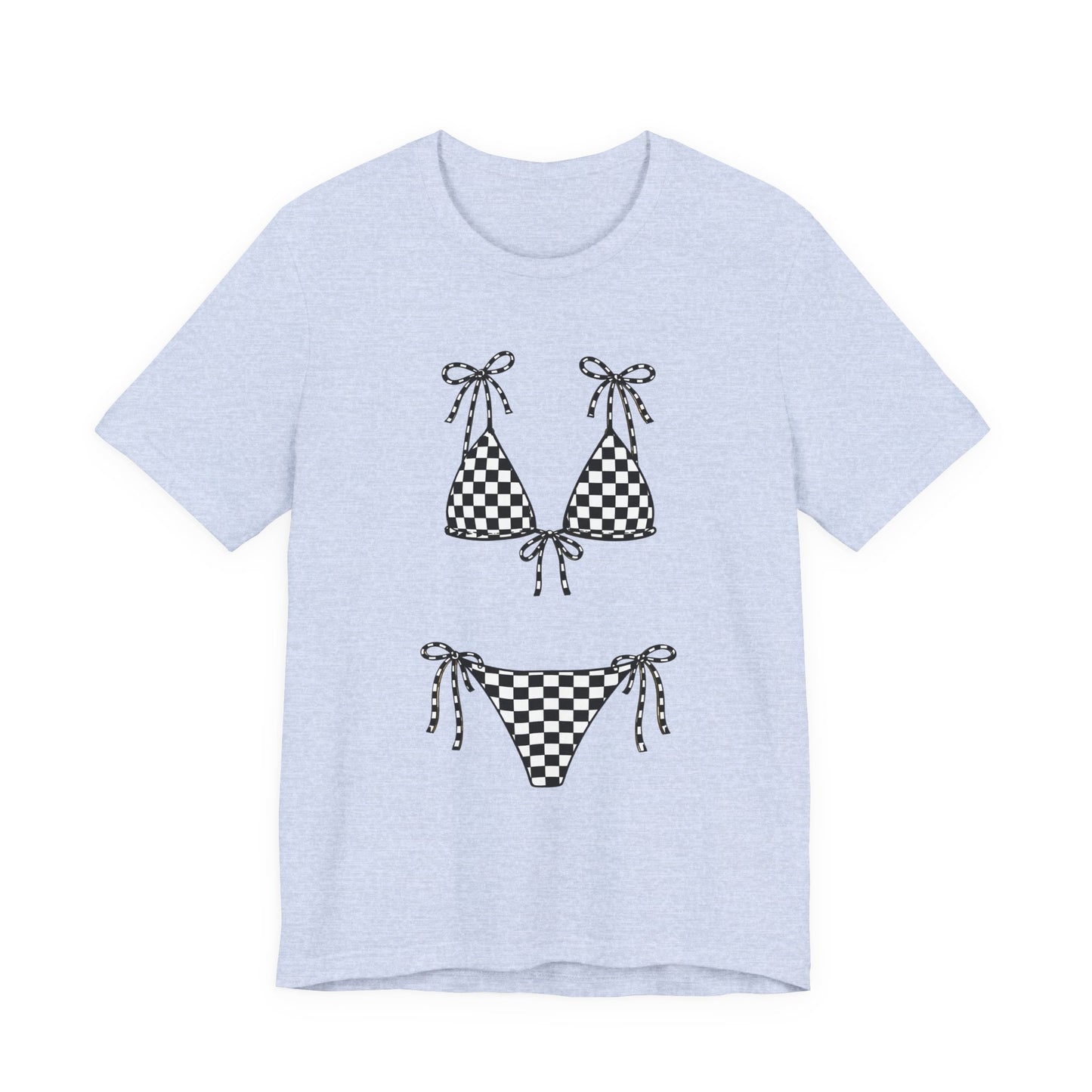 Checkerboard Bikini Graphic Tee — Retro Beach Swim Shirt